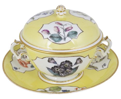 A MEISSEN ECUELLE, COVER AND STAND, CIRCA 1750the yellow ground painted in the manner of Johann Gottfried Klinger (1711-1781)