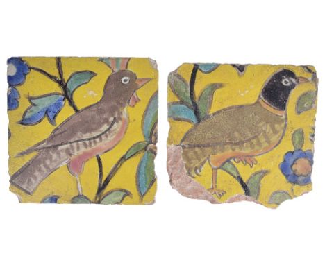 ‡ TWO QAJAR CUERDA SECA TILES, PERSIA, PROBABLY TEHRAN, 1800-25polychrome-glazed earthenware, each of square form, depicting 