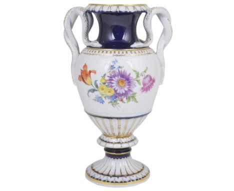 A MEISSEN VASE, 20TH CENTURYafter the design of circa 1865 by Ernst August Leuteritz (1818-1886), pedestal urn shaped, applie