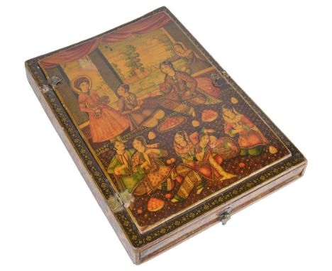 ‡ A QAJAR LACQUER BOX, PERSIA, 19TH CENTURYof rectangular form, with hinged opening to reveal a mirror and drawer with compar