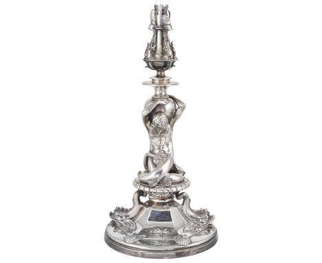 A VICTORIAN SILVER CENTREPIECE STAND CONVERTED FOR USE AS A LAMP, EDWARD BARNARD & SONS, LONDON, 1870the circular base applie