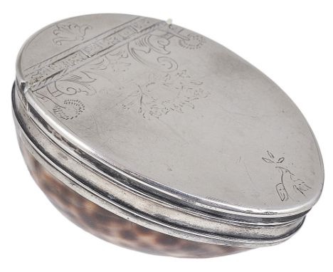 A SCOTTISH SILVER-MOUNTED COWRIE SHELL SNUFF BOX, MAKER’S MARK IM, CIRCA 1720the flush-hinged lid mount engraved with the dov