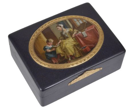 ~A GOLD-MOUNTED POUDRE D’ECAILLE SNUFF BOX, FRENCH, CIRCA 1765rectangular, aubergine coloured, the lid inset with an oval lac