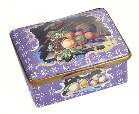 AN ENGLISH ENAMEL SNUFF BOX, PROBABLY BILSTON, CIRCA 1765rectangular, the finely painted reserves of fruits on marble tables 