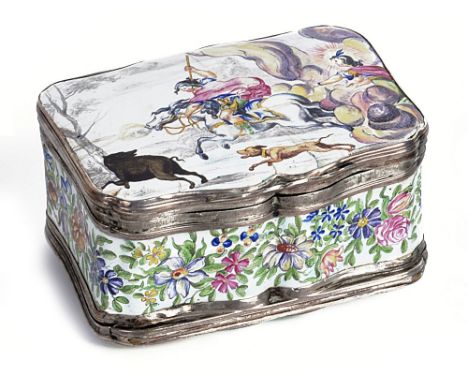 AN ENAMEL DOUBLE SNUFF BOX, GERMAN, THIRD QUARTER 18TH CENTURYshaped oblong, one lid painted with Cyparissus turning into a c