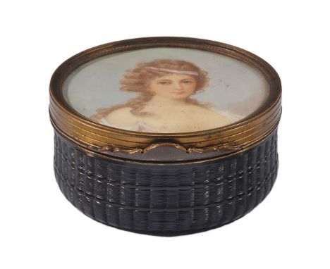 ~A TORTOISESHELL PORTRAIT SNUFF BOX, FRENCH, CIRCA 1770 AND LATERwith rose-turned base, gilt-metal mounts, the lid set with a