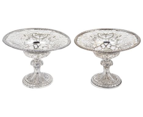 A PAIR OF VICTORIAN SILVER COMPORT STANDS, HUNT & ROSKELL, LONDON, 1867the circular pedestal knopped bases electrotyped with 