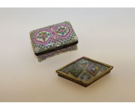 A GLASS AND CARD BOX & COVER, FRENCH, CIRCA 1800lozenge shaped, the glass cover set with a bead and wirework rebus apparently