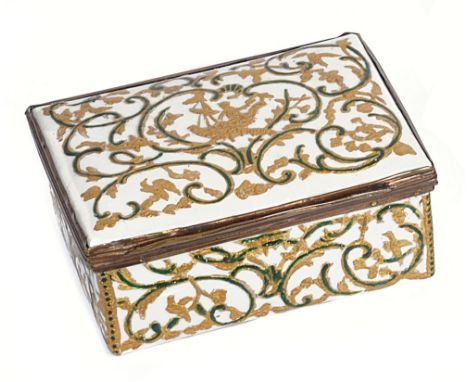 AN ENAMEL SNUFF BOX, FRENCH, MID 18TH CENTURYrectangular, white ground covered with raised gilt and green enamel scrolls inha