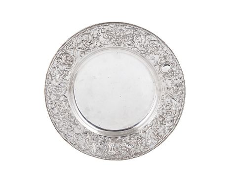 A VICTORIAN SILVER DISH, WILLIAM COMYNS & SONS, LONDON, 1898circular, with a broad raised and pierced border of scrolls, mask