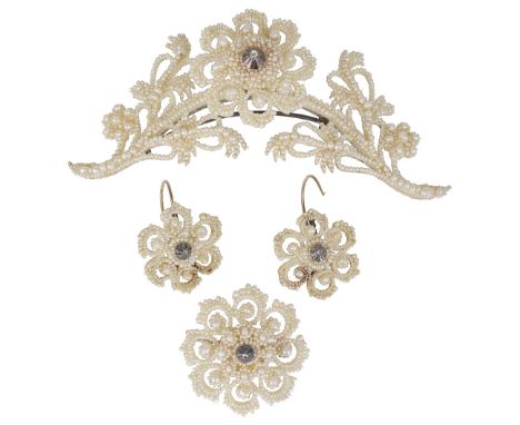 TWO DEMI-PARURES OF SEED PEARL JEWELLERY, 1840sone parure comprising a large corsage brooch with central ‘en tremblant’ flowe