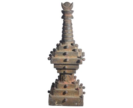 A WOOD MODEL STUPA, NEPAL, 19TH CENTURYthe stepped base with cylindrical drum with relief images of Buddhist deities, support