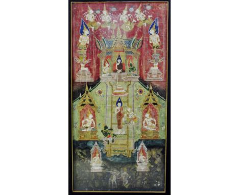 THE BUDDHA ON MOUNT MERU, THAILAND, 19TH CENTURYpigment with gold on cloth, seated in a mountain-top shrine, flanked by Mogga