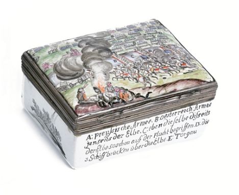 A GERMAN ENAMEL SNUFF BOX, PROBABLY BERLIN, CIRCA 1761commemorating the Battle of Torgau (3 November 1760), rectangular, the 