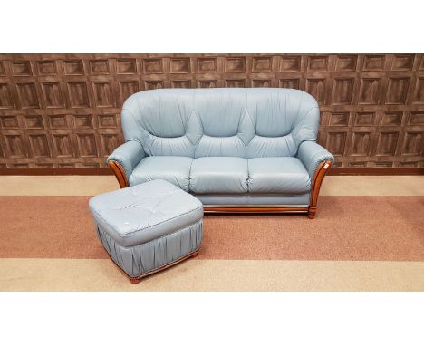 MODERN BLUE LEATHER SOFA AND MATCHING STOOL