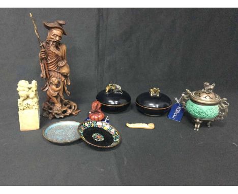 CARVED NETSUKE MODELLED AS A MOUSE ON A PUMPKIN along with a collection of Asian wares to include a censor, a soapstone seal,