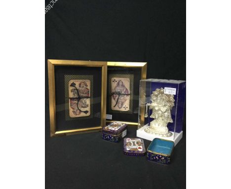 20TH CENTURY EASTERN WHITE METAL DEITYalong with two playing card boxes and four playing card framed pictures (7)