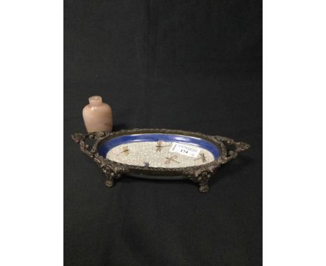 EARLY 20TH CENTURY CHINESE METAL MOUNTED CERAMIC OVAL DISHwith dragon fly decoration; and a hardstone snuff bottle (lid lacki