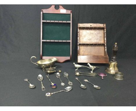 TWO MAHOGANY SPOON RACKSincluding a collection of souvenir spoons, enamel miniature mirror etc