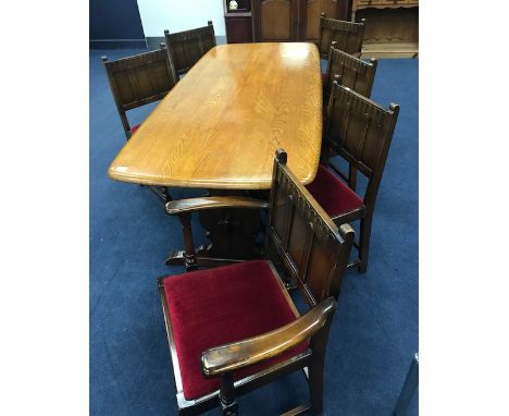 ERCOL DINING TABLE AND SIX ERCOL CHAIRS