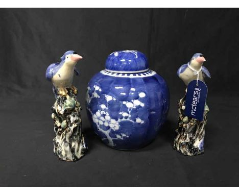 PAIR OF CERAMIC CHINESE BIRDS along with a Primus ginger jar (3)
