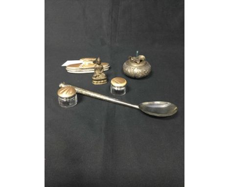 PAIR OF SILVER AND GOLD GUILLOCHE ENAMEL TOPPED INK JARSalong with a matching blotter and Asian white metal items including a