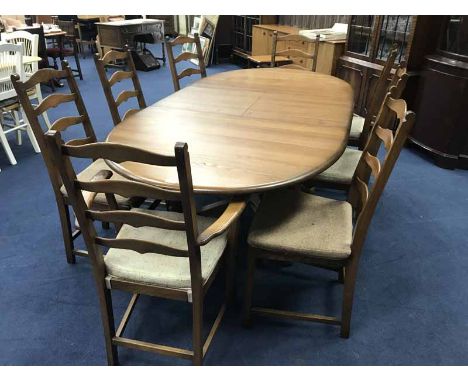 ERCOL DINING TABLE AND EIGHT CHAIRS