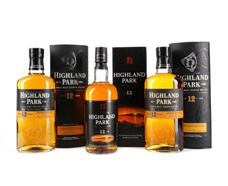 HIGHLAND PARK AGED 12 YEARS (3) Single Malt Scotch Whisky 70cl, 40% volume, two in tubes, one in carton. Three bottles.
