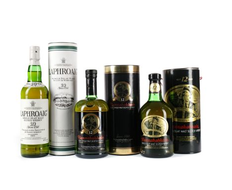 BUNNAHABHAIN AGED 12 YEARS (2) Single Malt Scotch Whisky 70cl, 40% volume, in tube. LAPHROAIG 10 YEARS OLD Single Malt Scotch