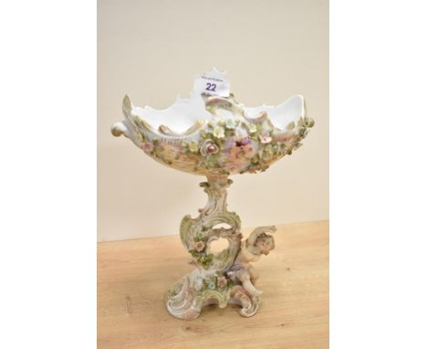 A German Sitzendorf porcelain centrepiece, decorated with foliage and cherubs, painted mark to base, h26cm