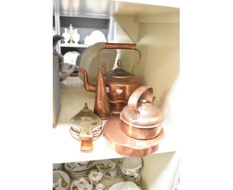 A 19th century copper kettle having shaped handle and spout, h32cm, sold together with a small kettle, a ale funnel, pan and 
