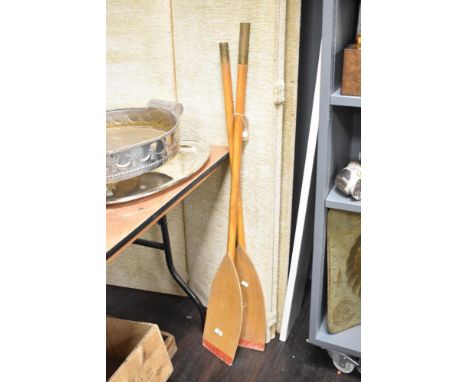 A pair of vintage wooden canoe oars / paddles having brass handles, L120cm