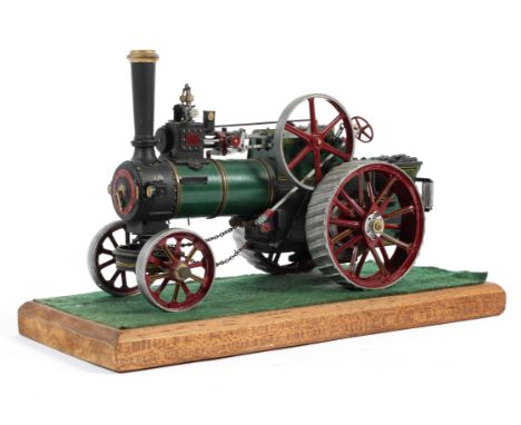 A metal model of Allchin steam traction engine on wooden plinth base, built by TR Acock of Weston Super Mare, 20cm x 10cm x 1