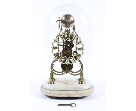 A vintage striking brass skeleton clock on white marble base under glass dome, 20th century the clock with white pierced chap