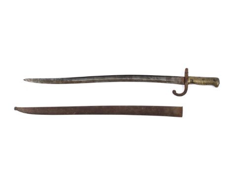 A 19th century French Chassepot bayonet, with single curved fullered 580mm blade, the guard stamped H5304 with metal scabbard