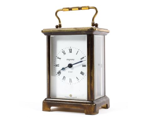 A Bayard eight day brass carriage clock, 20th century the white enamel dial with black Roman numerals, with bevelled glass si