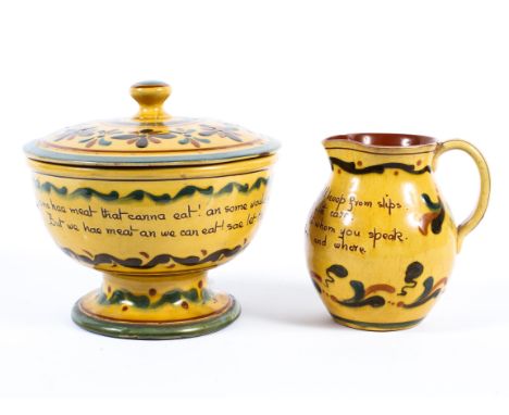 Two Aller Vale pottery motto wares, 20th century, impressed marks, comprising: a footed bowl and cover and a jug, each incise