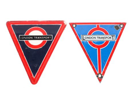 A mid-century enamel London Transport radiator triangle, the blue ground with red border and detailing, 15.5cm x 14.5cm., tog