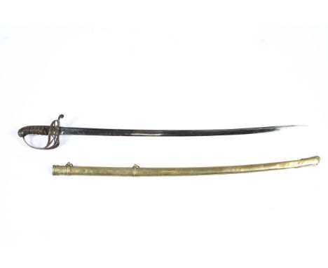 A Victorian Cavalry sword, with single curved fullered blade with remnants of etched decoration, stamped to blade Hamburger a