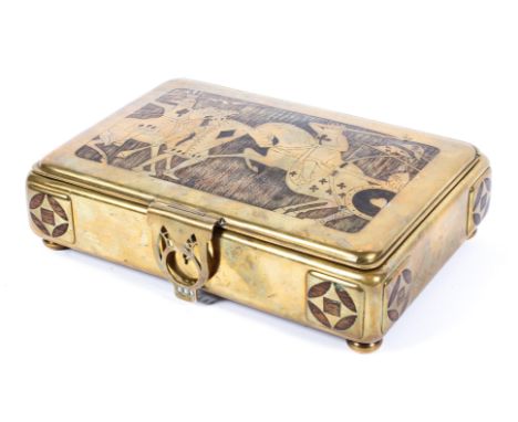 An Austrian Secessionist brass and exotic wood playing card box in the manner of Erhard & Sohne, of rectangular form, raised 