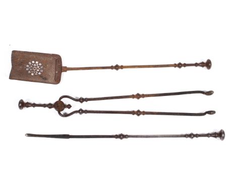 A set of Georgian steel fire tools, comprising: a poker, tongs and a shovel, with knopped handles, 77 cm long max