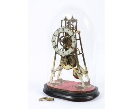A gilt brass skeleton clock, with single chain fusee movement on oval wooden base with glass dome, 39cm(h)