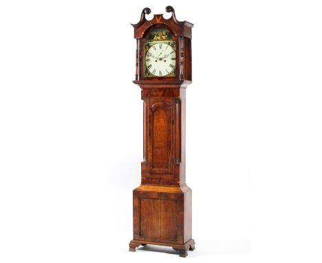 An early 19th century eight day oak cased longcase clock, the arched dial painted with a shepherd above cottages to the spand