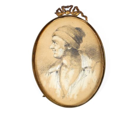A 19th century pencil sketch of a man, looking to the left, heightened in white wash, indistinctly signed lower right, within