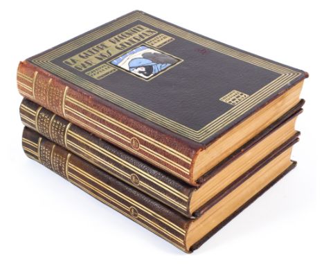 La Guerre Racontee par Nos Generaux,1918, three leather bound volumes with enamel plaques to the front cover