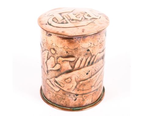 A Newlyn School Arts and Craft copper tea caddy and cover, early 20th century, stamped NEWLYN to base, the cover inscribed Te