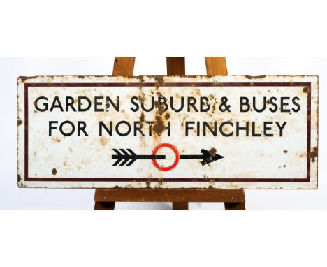 A vintage rectangular enamel London transport sign for 'Garden Suburb &amp; Buses For North Finchley', within brown line bord