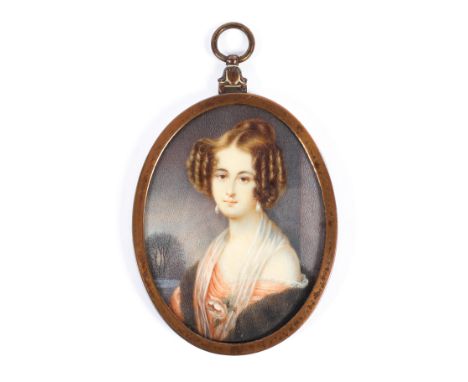 Mid-19th century Continental School, portrait miniature of a lady in landscape, wearing her curled hair high, red silk dress 