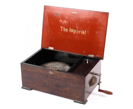 'The Imperial', a polyphon music box in mahogany box with eight 9 inch discs and winder, 43.5 cm x 29 cm&nbsp;
