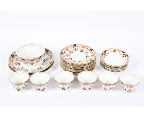 A late 19th century Balmoral China part tea service, printed with brown marks, decorated with C-scrolls and medallions and en